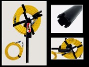 a cable handling tool with a reel and handle for efficient wire management.