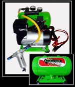 compact, green air compressor with a black motor and yellow cables